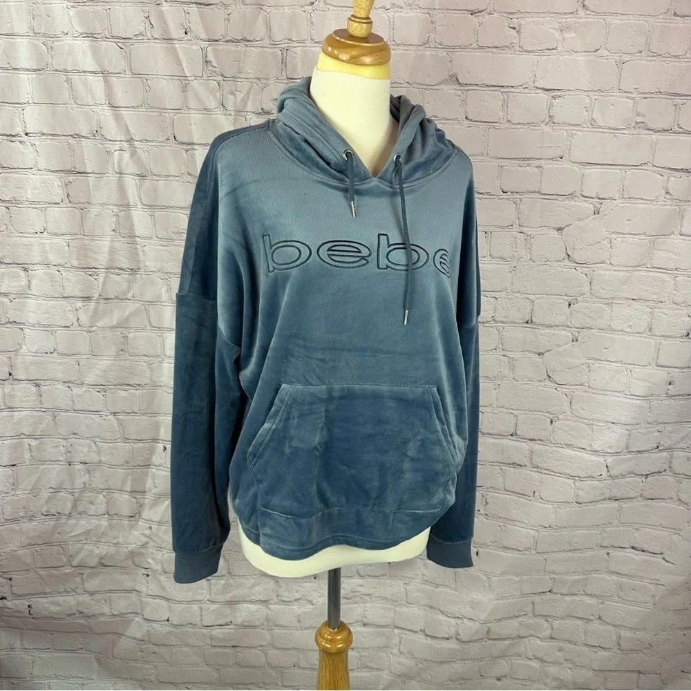 NWT BEBE sport plush hoodie velour pullover women 1X blue smoke streetwear